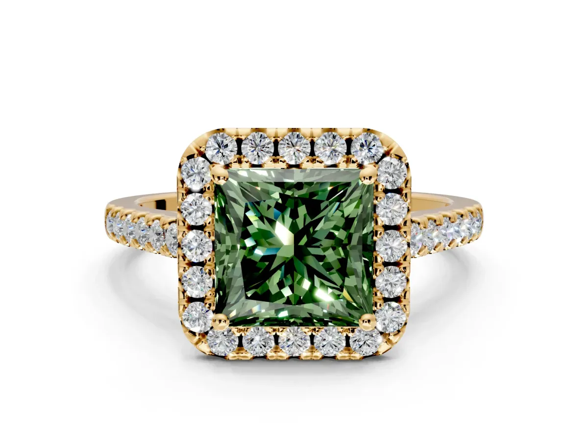 Halo Engagement Ring Setting for Fancy Green Princess Cut Center with Raised Halo, Pave Band and Prong Head in Yellow Gold
