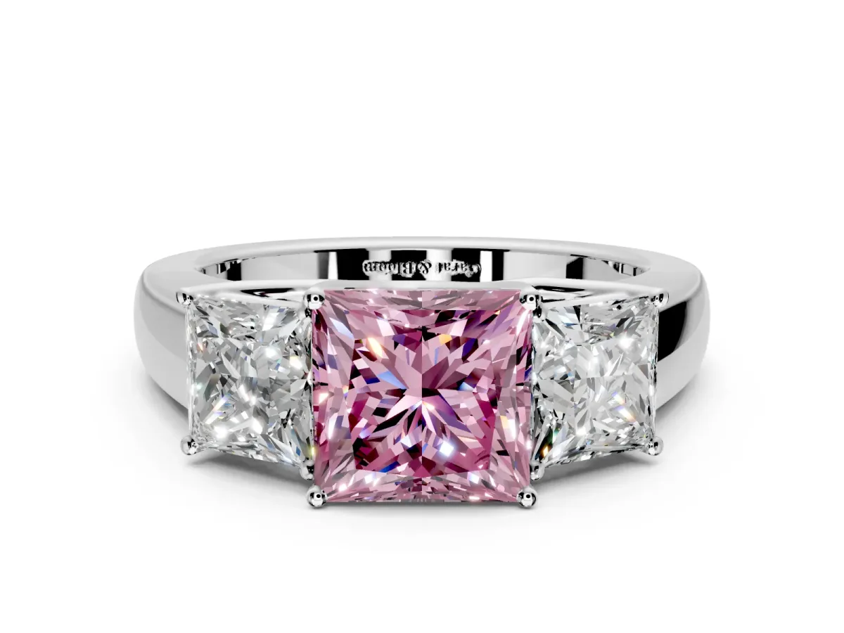 3 Stone Engagement Ring Setting for Fancy Pink Princess Cut Center with Raised Basket Heads and Prong Head in Sterling Silver