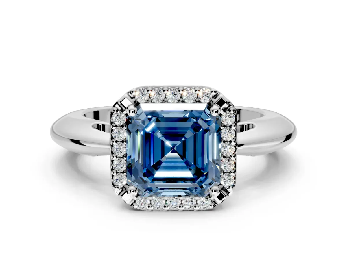 Halo Engagement Ring Setting for Fancy Blue Asscher Cut Center with Tapered Plain Band and Prong Head in Sterling Silver