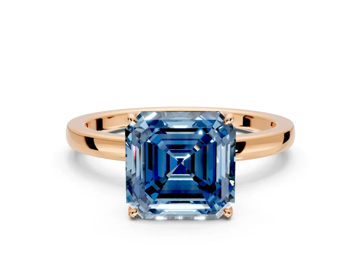 Solitaire Engagement Ring Setting for Fancy Blue Asscher Cut Center with Thin Rounded Plain Band and Prong Head in Rose Gold