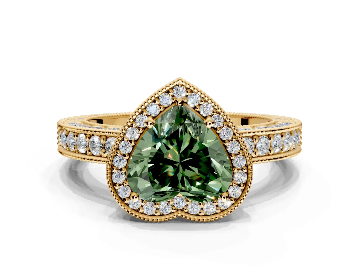 Milgrain Halo Engagement Ring Setting for Fancy Green Heart-Shaped Center with Wide Pave Band and Prong Head in Yellow Gold