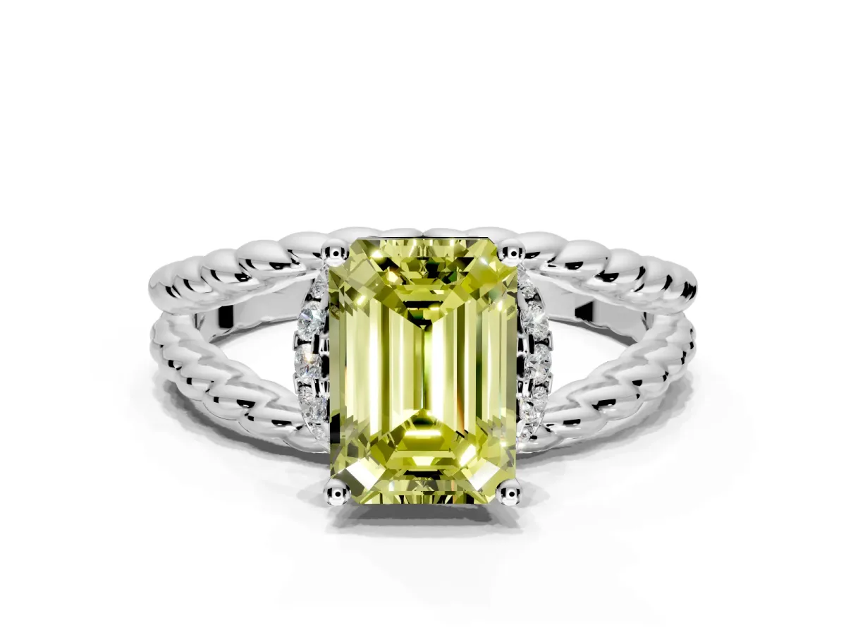 Halo Engagement Ring Setting for Fancy Yellow Emerald Cut Center with Rope Twist Split Shank and Prong Head in Platinum