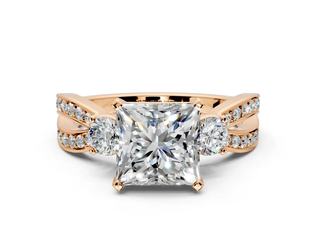 3 Stone Engagement Ring Setting for Princess Cut Center with Pave Twist Band and Prong Head in Rose Gold