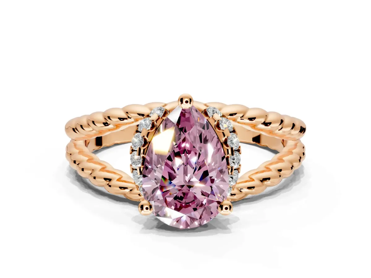 Halo Engagement Ring Setting for Fancy Pink Pear-Shaped Center with Rope Twist Split Shank and Prong Head in Rose Gold