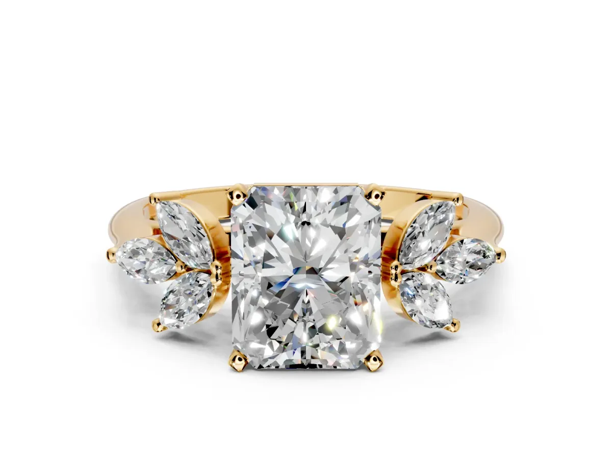 Floral Cluster Engagement Ring Setting for Radiant Cut Center with Marquise Accents and Prong Head in Yellow Gold
