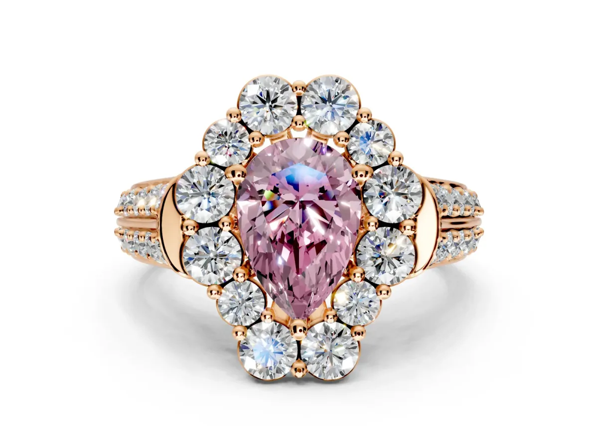 Large Accent Halo Engagement Ring Setting for Fancy Pink Pear-Shaped Center with Pave Split Shank and Prong Head in Rose Gold
