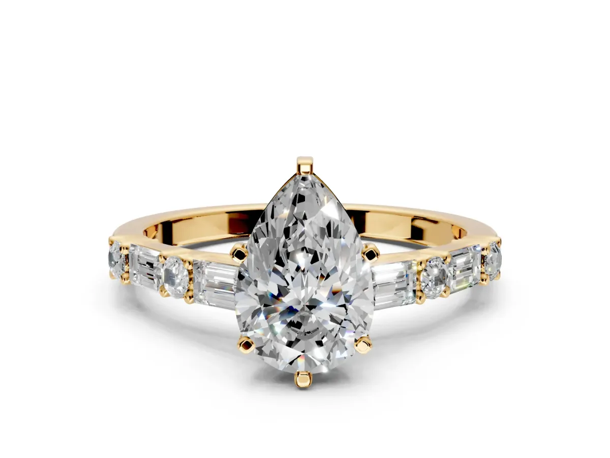 Baguette Engagement Ring Setting for Pear-Shaped Center with Alternating Bar-Set Band and Prong Head in Yellow Gold