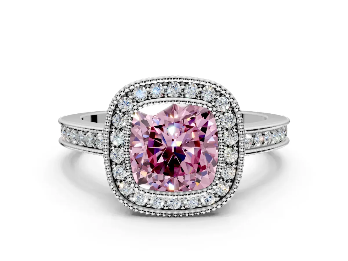 Halo Engagement Ring Setting for Fancy Pink Cushion Cut Center with Milgrain Halo, Pave Band and Prong Head in Platinum