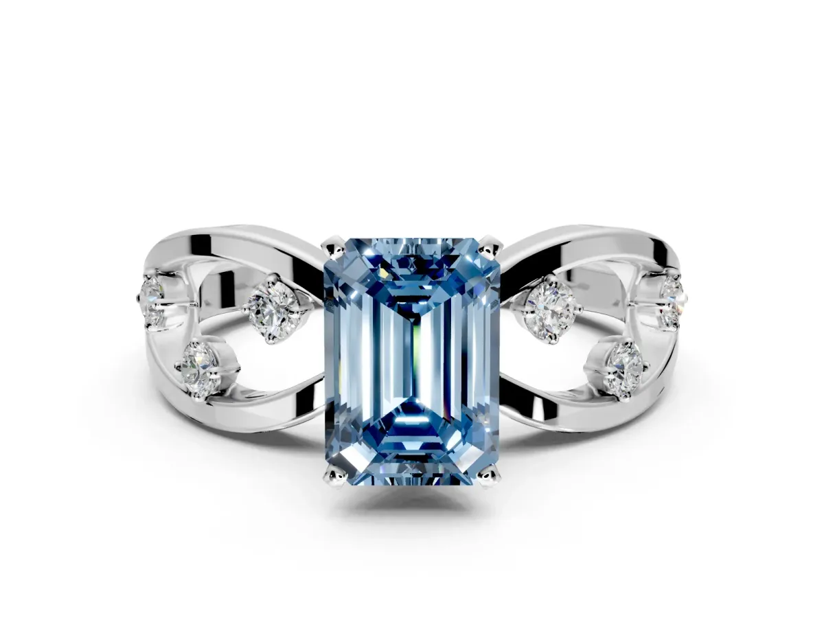 Solitaire Engagement Ring Setting for Fancy Blue Emerald Cut Center with Criss-Cross Accent Band and Prong Head in Platinum