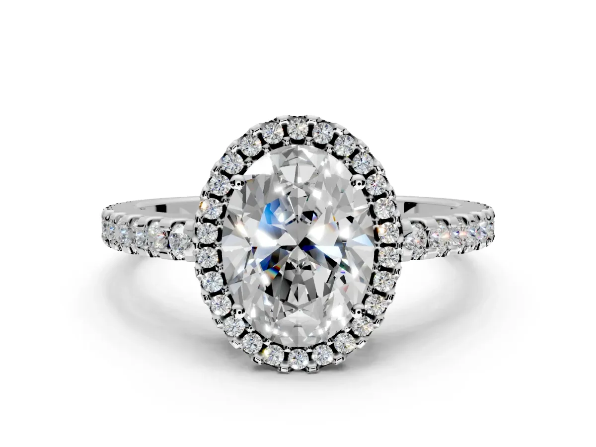 Accent Halo Engagement Ring Setting for Oval Center with Full-Length Pave Band and Prong Head in Sterling Silver
