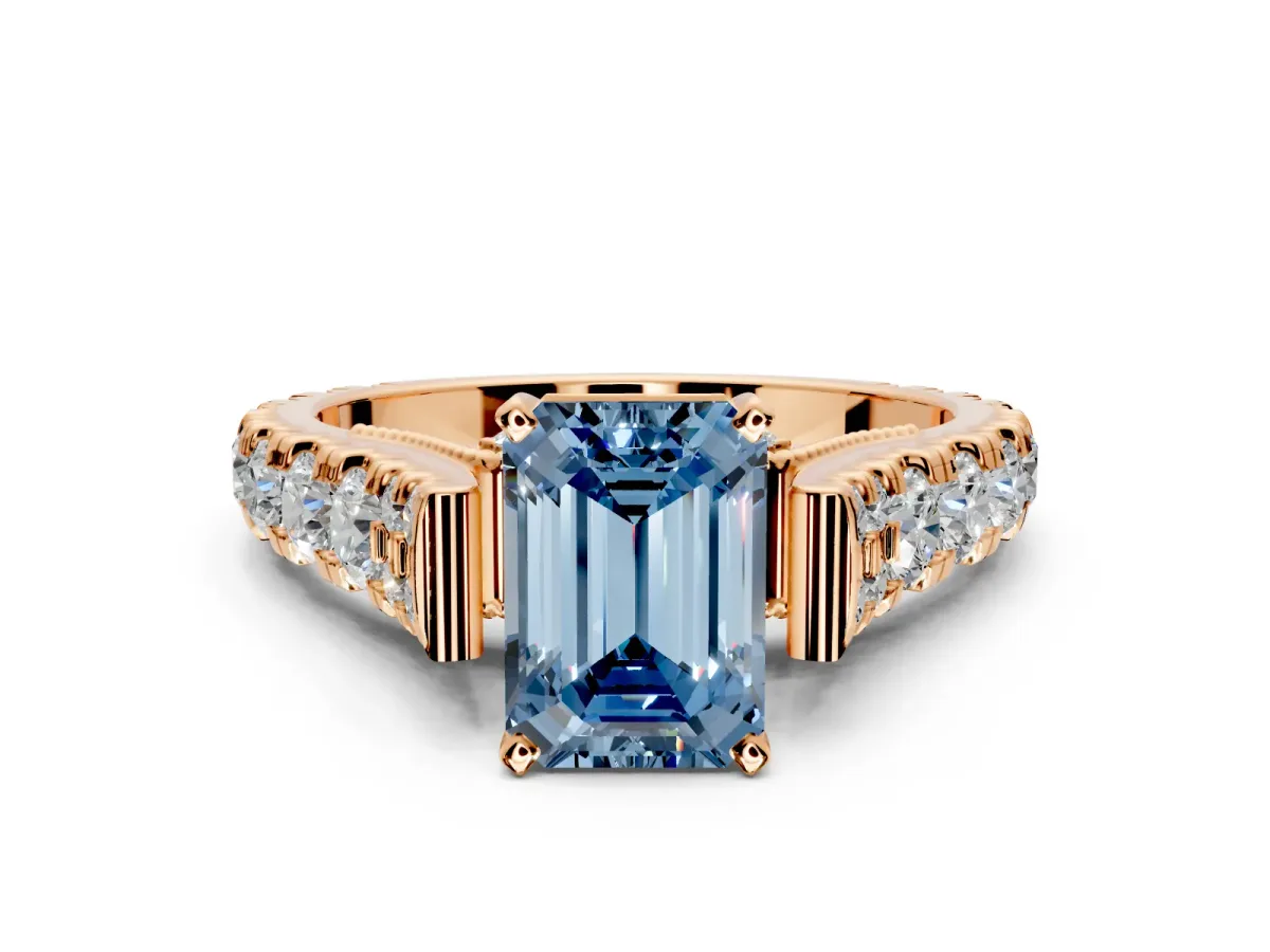 Solitaire Engagement Ring Setting for Fancy Blue Emerald Cut Center with Pave Cathedral Shoulders and Prong Head in Rose Gold