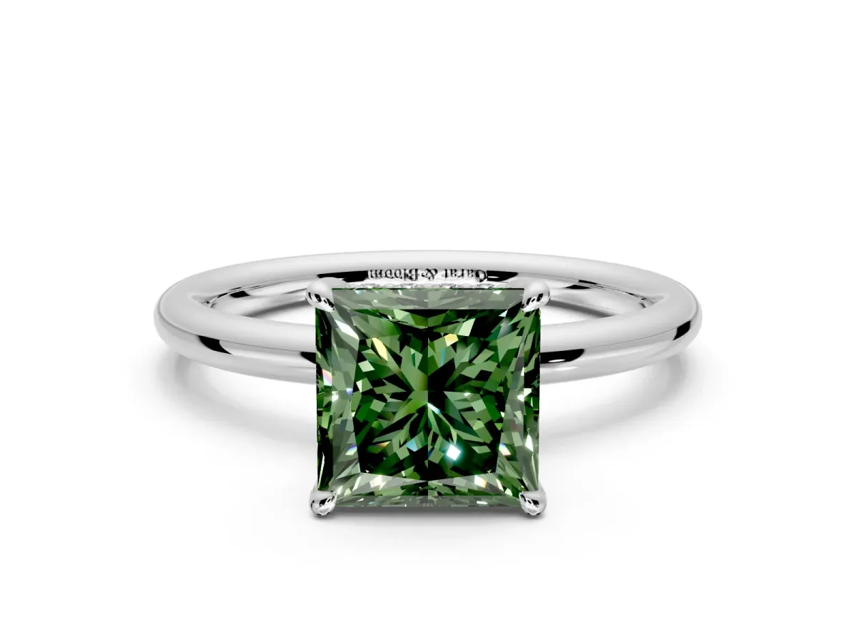Hidden Halo Engagement Ring Setting for Fancy Green Princess Cut Center with Thin Rounded Band and Prong Head in Platinum
