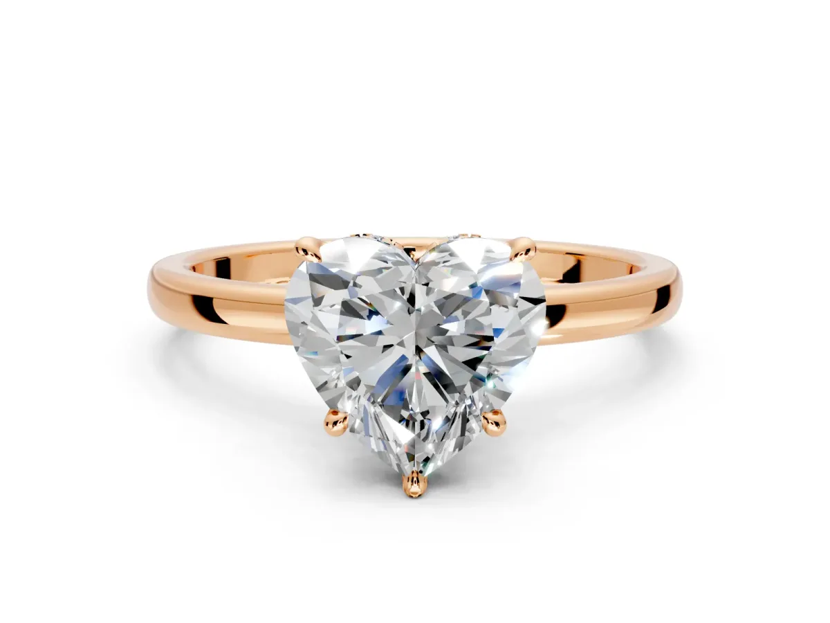 Hidden Halo Engagement Ring Setting for Heart-Shaped Center with Plain Band and Tall Prong Head in Rose Gold