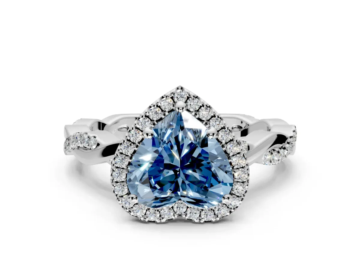Halo Engagement Ring Setting for Fancy Blue Heart-Shaped Center with Pave and Plain Twist Band and Prong Head in White Gold
