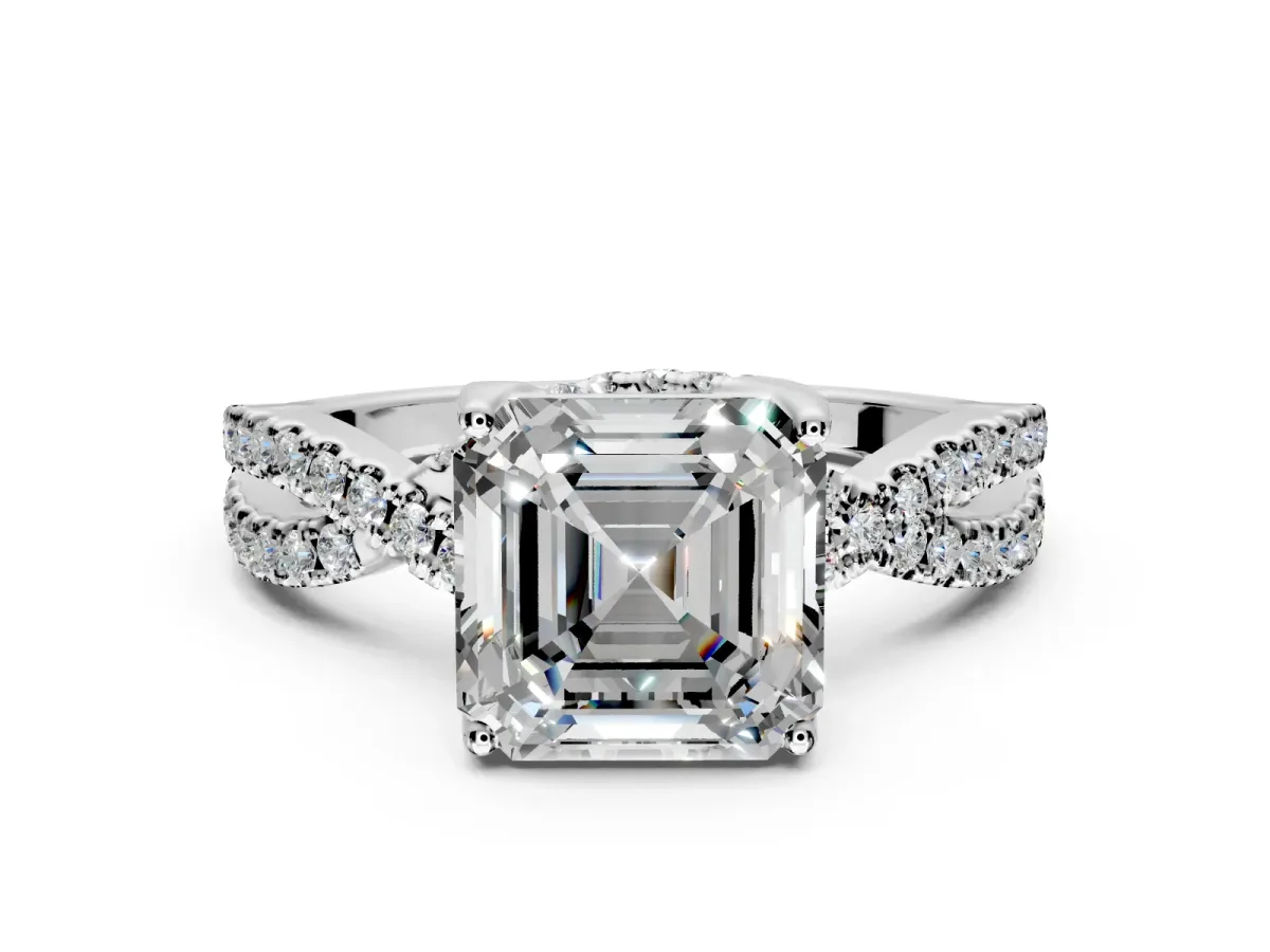 Solitaire Engagement Ring Setting for Asscher Cut Center with Narrow Twist Pave Band and Prong Head in Sterling Silver