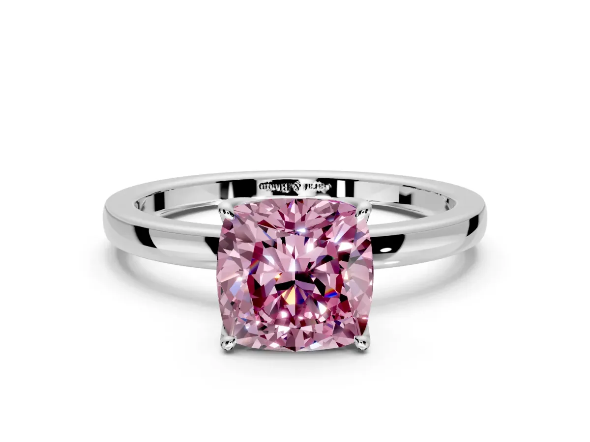 Solitaire Engagement Ring Setting for Fancy Pink Cushion Cut Center with Thin Rounded Plain Band and Prong Head in Sterling Silver