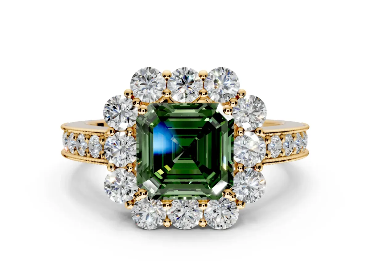 Halo Engagement Ring Setting for Fancy Green Asscher Cut Center with Milgrain Channel Band and Prong Head in Yellow Gold