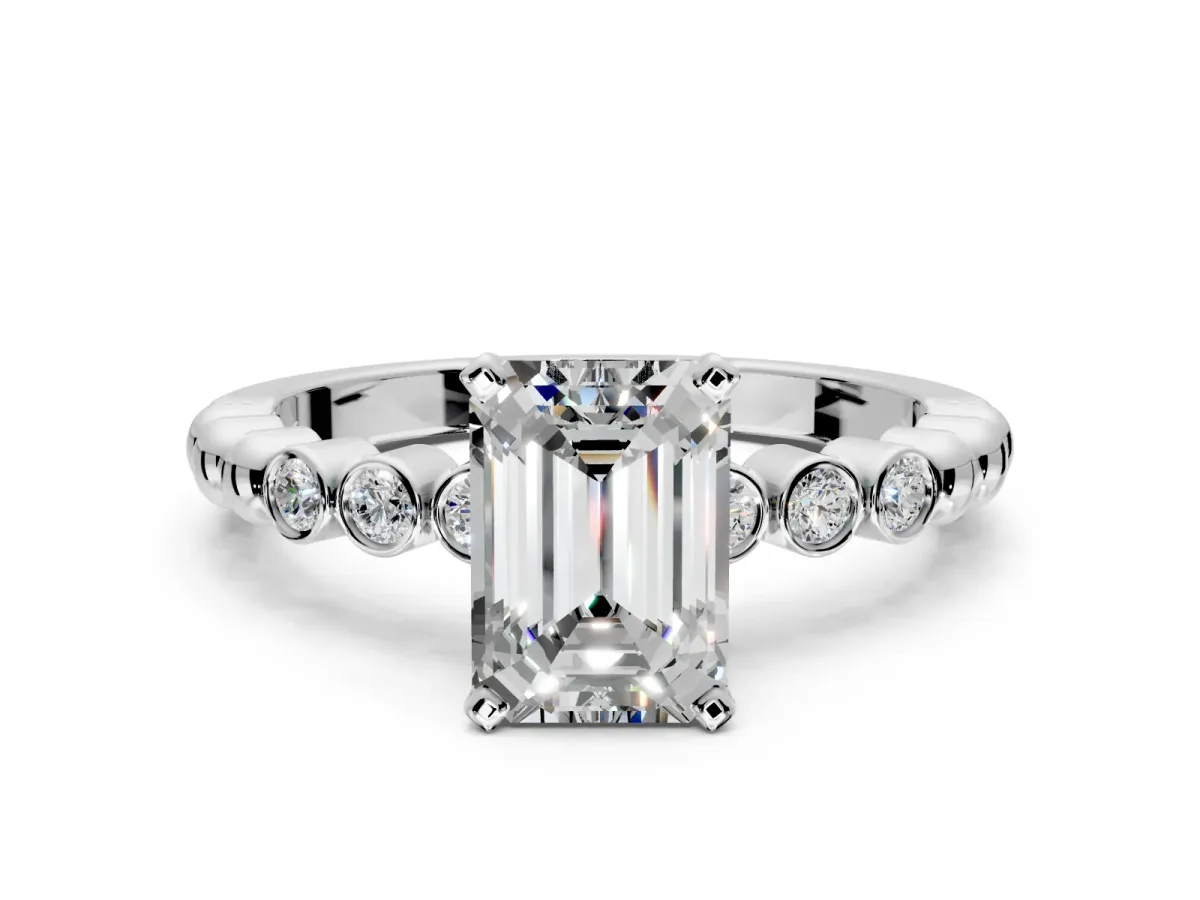 Solitaire Engagement Ring Setting for Emerald Cut Center with Bezel-Dot Beaded Band and Prong Head in Platinum