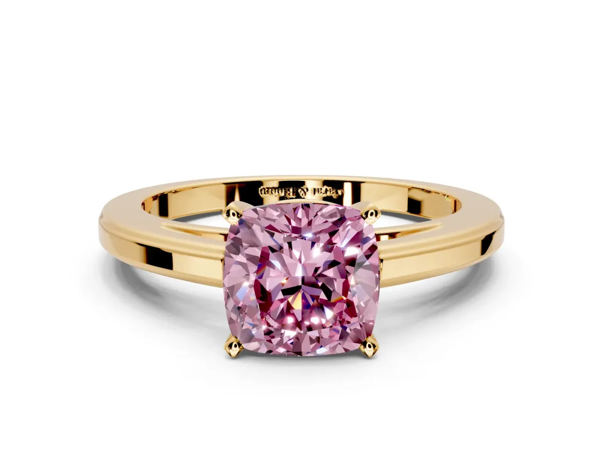 Solitaire Engagement Ring Setting for Fancy Pink Cushion Cut Center with Flat-Sided Plain Band and Prong Head in Yellow Gold