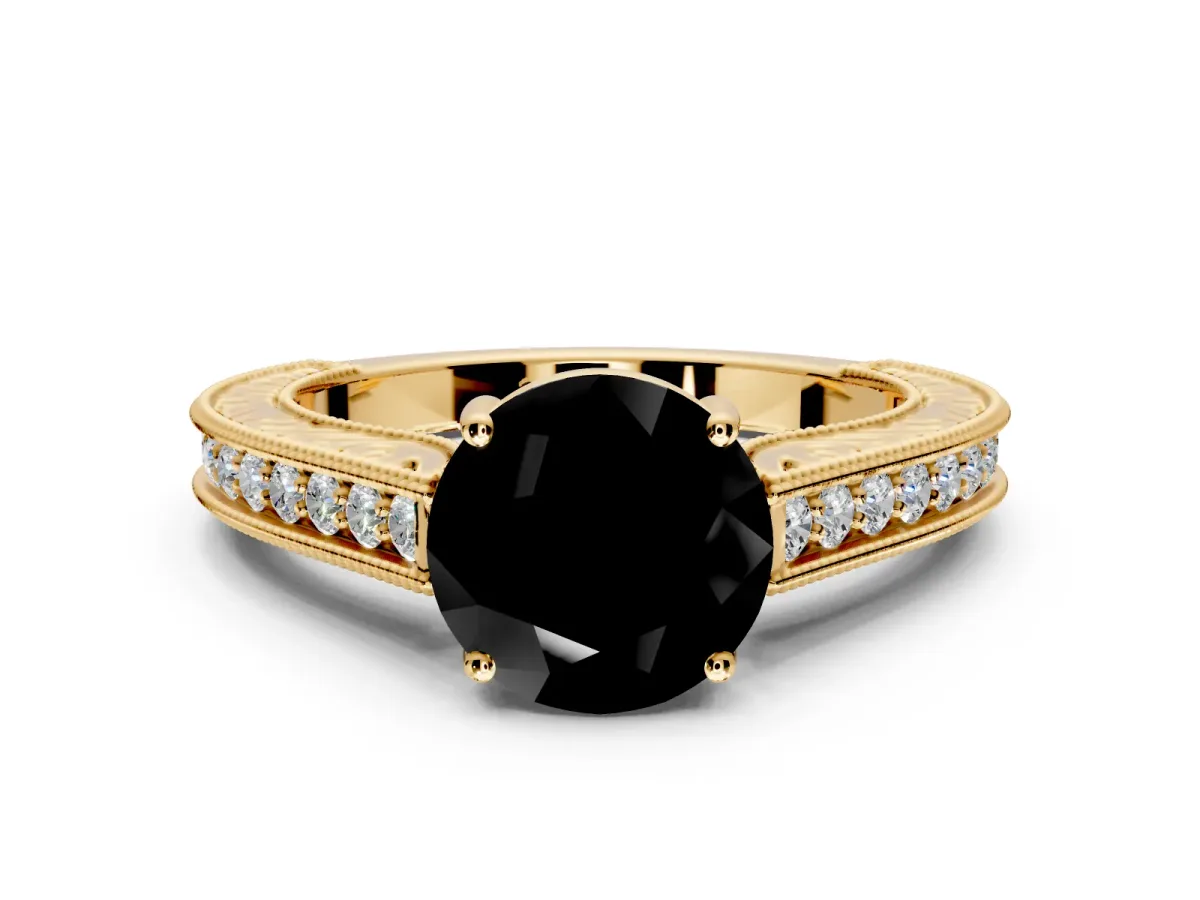 Solitaire Engagement Ring Setting for Fancy Black Round Cut Center with Engraved Pave Band and Prong Head in Yellow Gold
