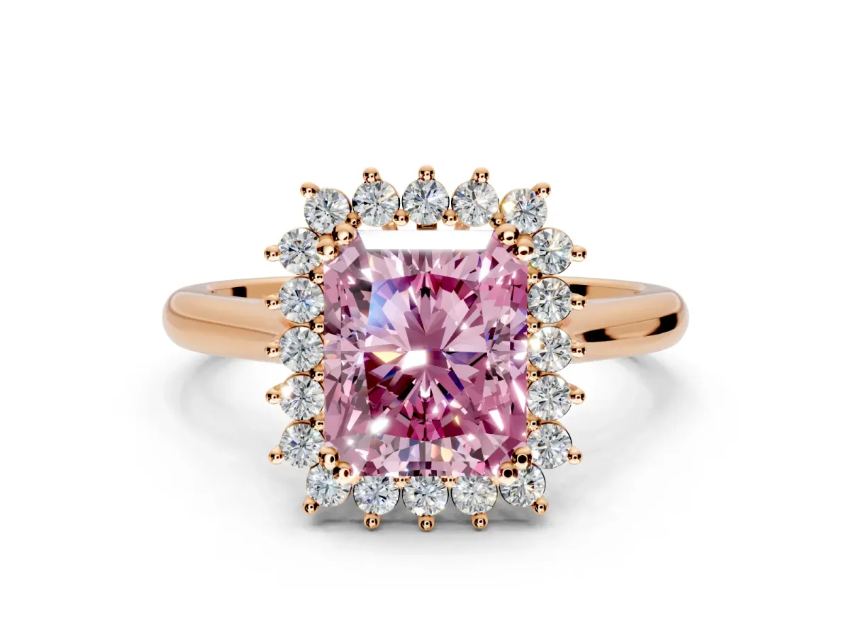 Starburst Halo Engagement Ring Setting for Fancy Pink Radiant Cut Center with Thin Round-Wire Band and Prong Head in Rose Gold