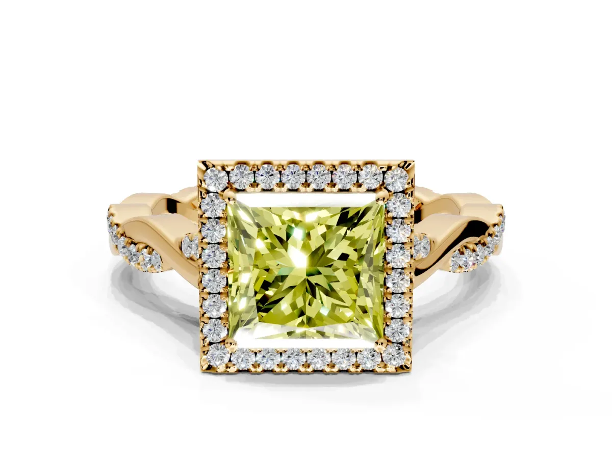 Halo Engagement Ring Setting for Fancy Yellow Princess Cut Center with Twist Band and Prong Head in Yellow Gold
