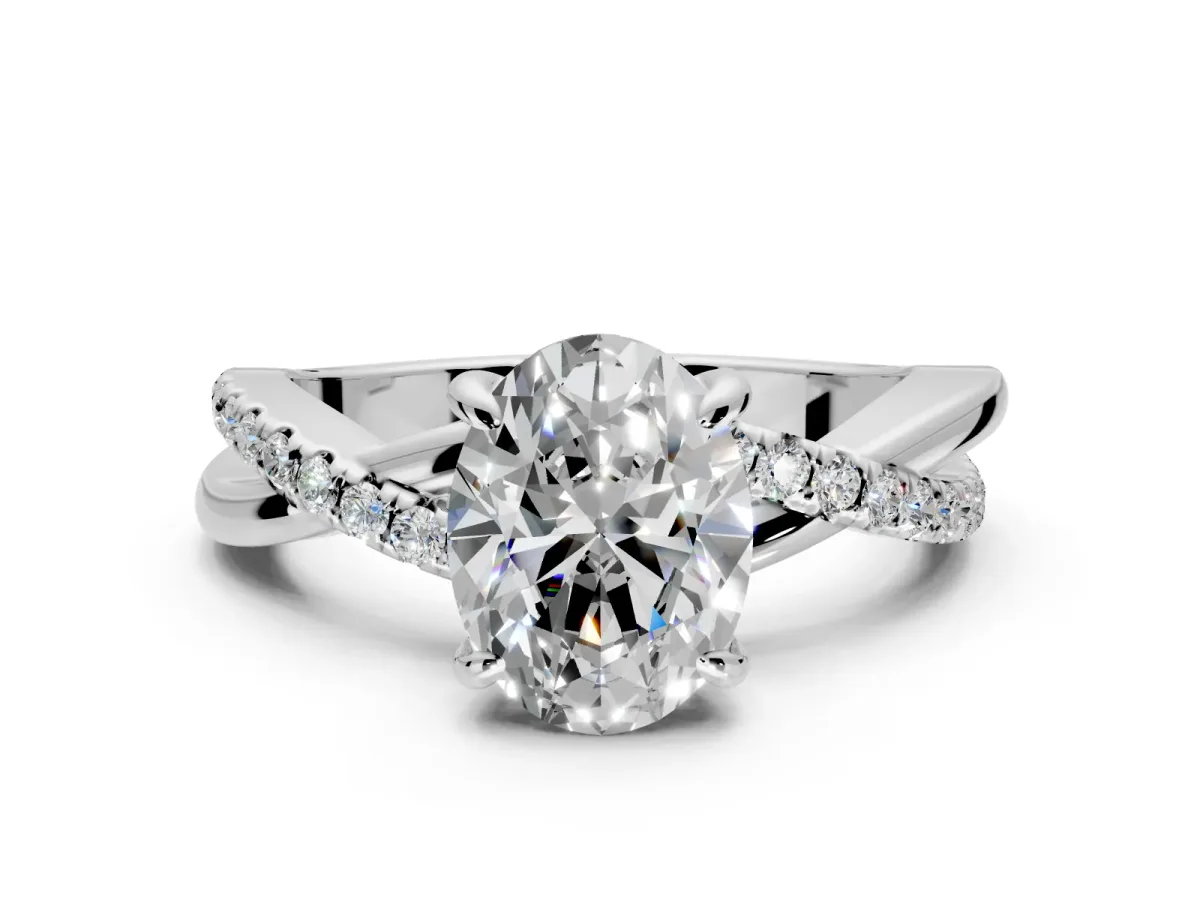 Solitaire Engagement Ring Setting for Oval Center with Half-Pave Crossover Band and Prong Head in Platinum