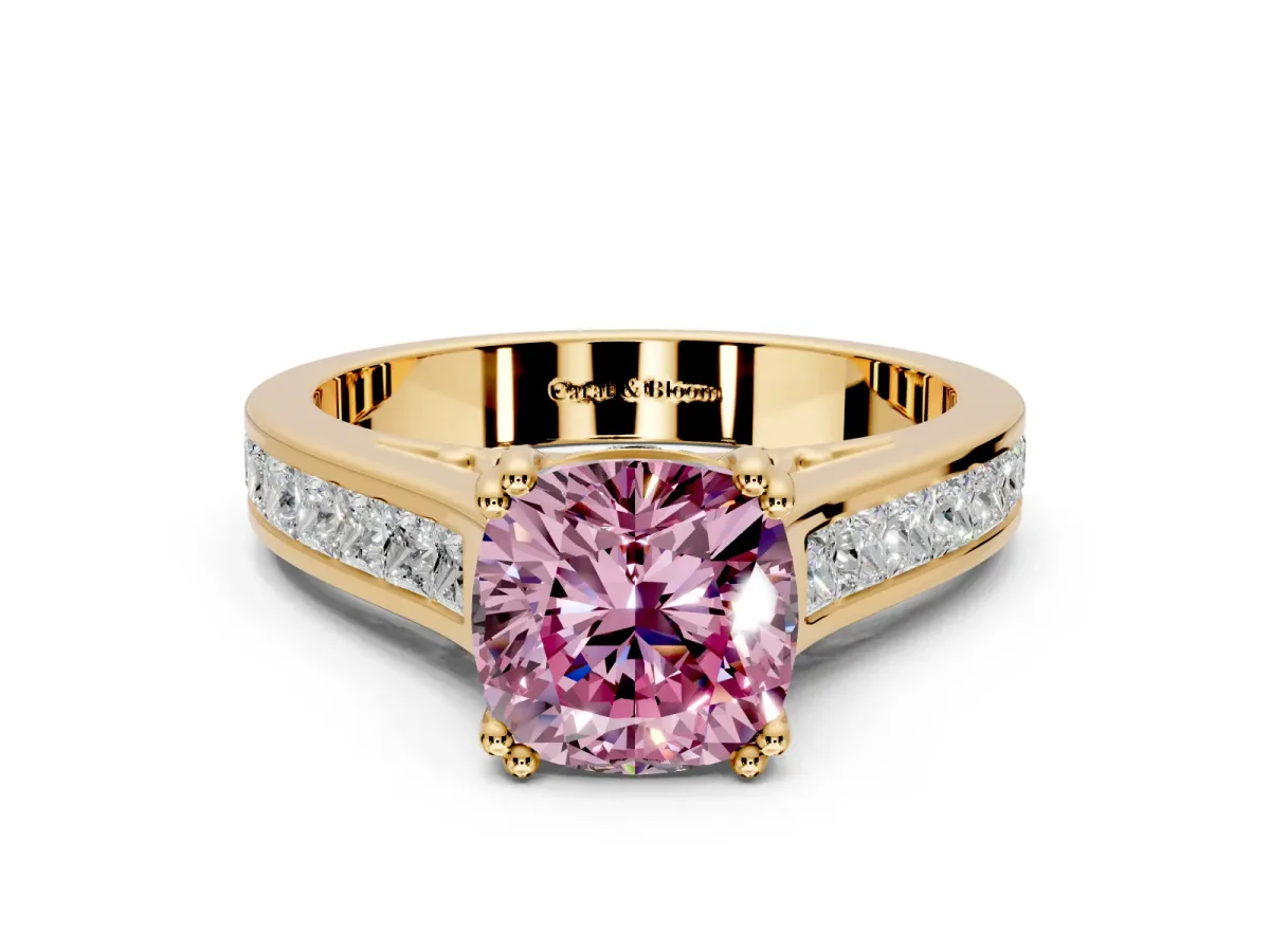 Solitaire Engagement Ring Setting for Fancy Pink Cushion Cut Center with Channel Band and Double Claw Prong Head in Yellow Gold