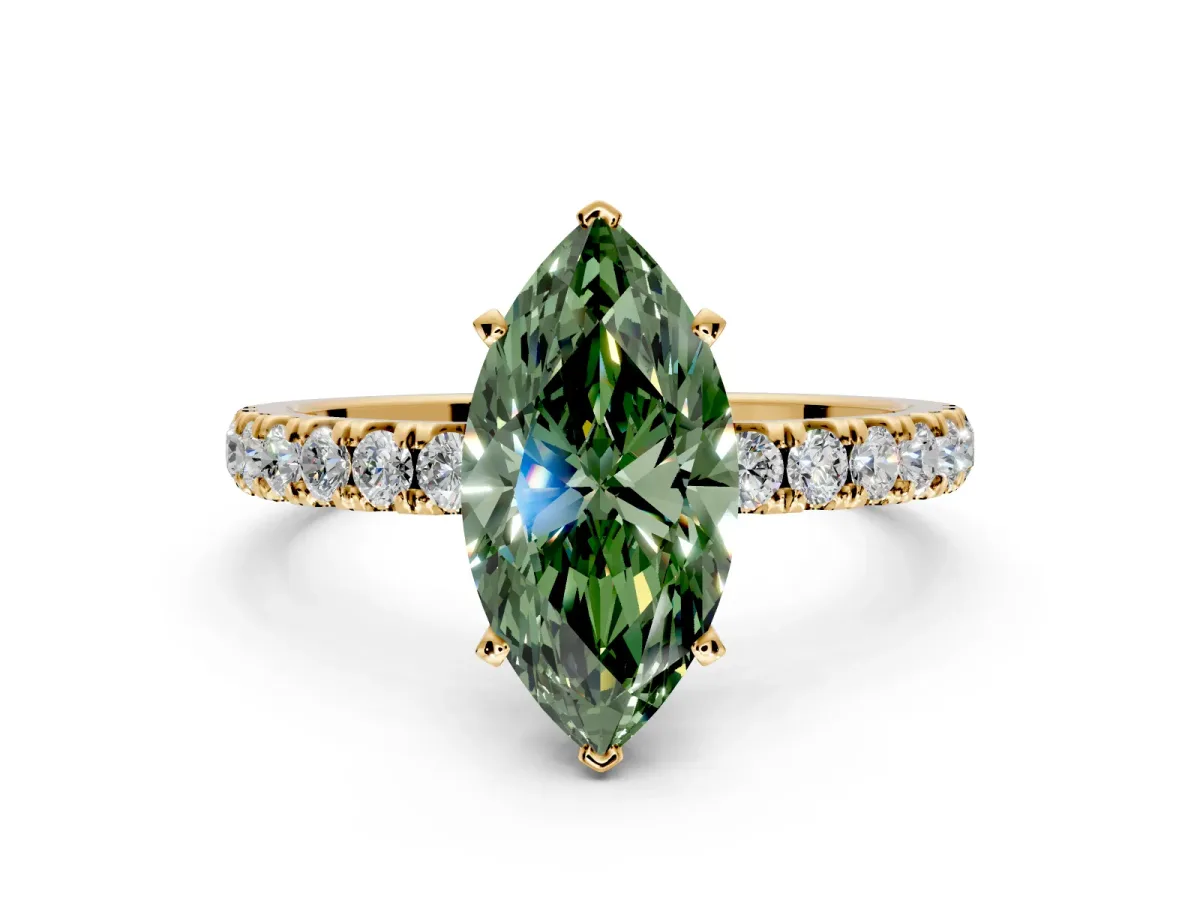 Open Basket Engagement Ring Setting for Fancy Green Marquise Center with Pave Band and Prong Head in Yellow Gold