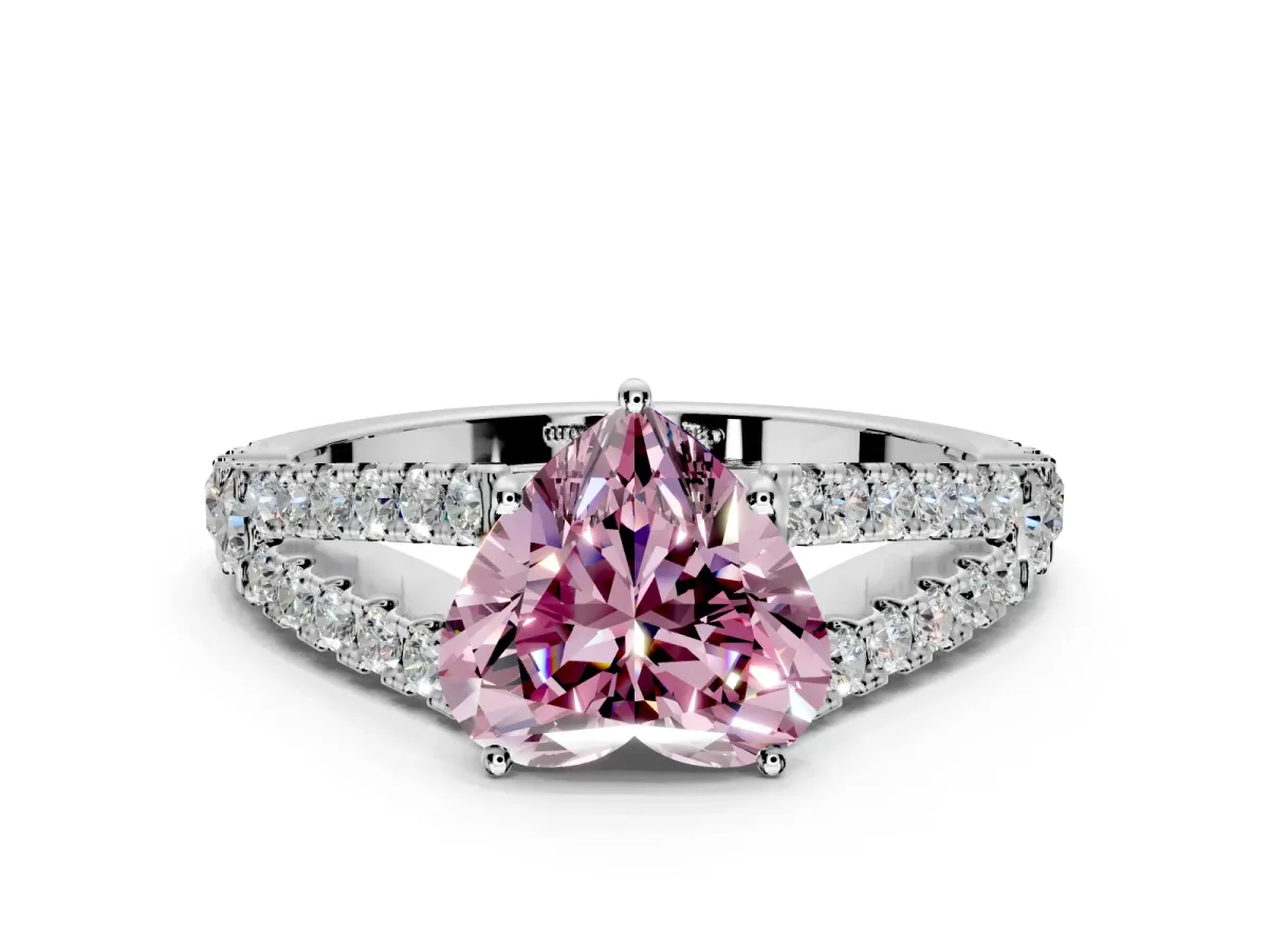 Solitaire Engagement Ring Setting for Fancy Pink Heart-Shaped Center with Pave Split Shank and Prong Head in White Gold