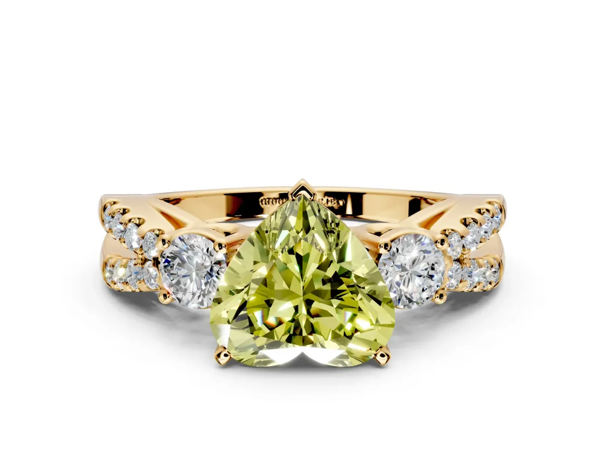 3 Stone Engagement Ring Setting for Fancy Yellow Heart-Shaped Center with Pave Split Shank and Prong Head in Yellow Gold