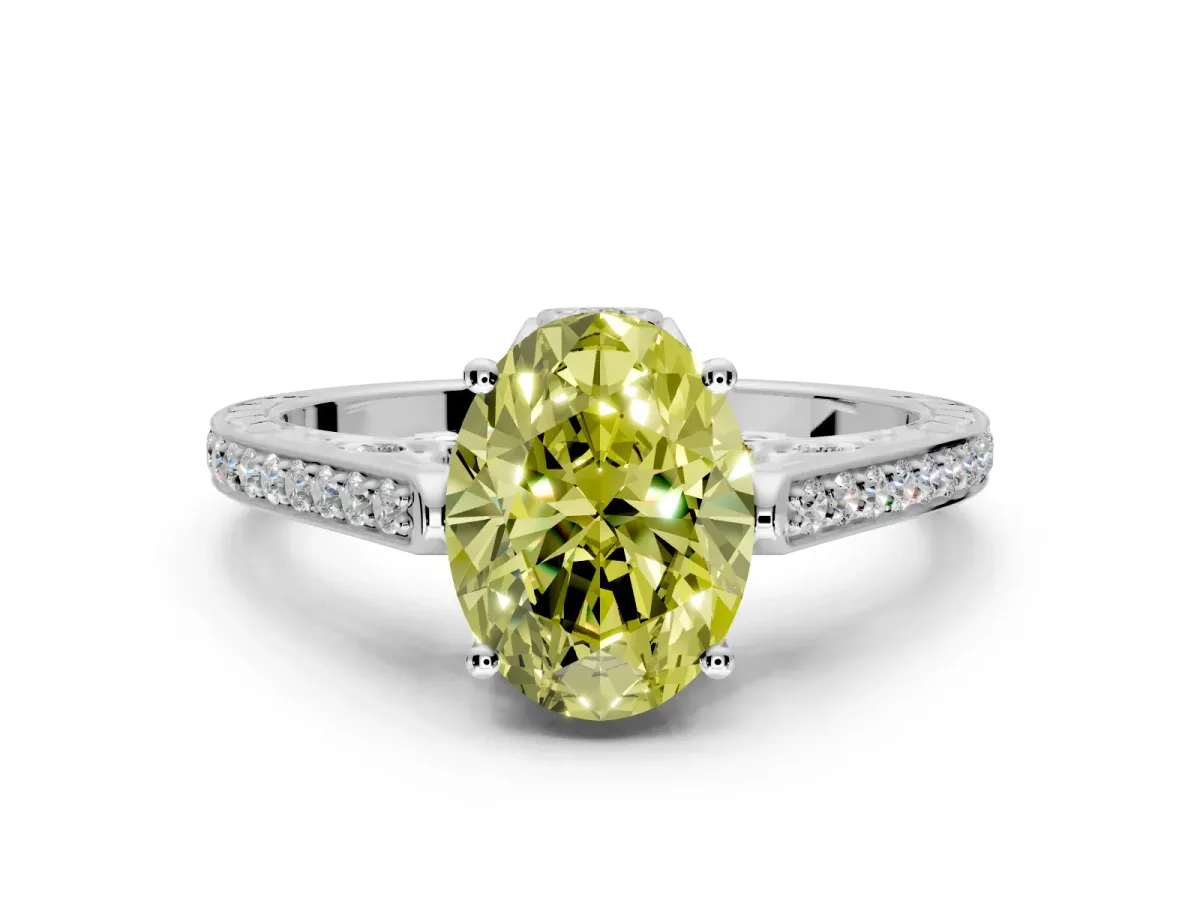 Cathedral Engagement Ring Setting for Fancy Yellow Oval Center with Antique-Style Pave Band and Prong Head in Sterling Silver