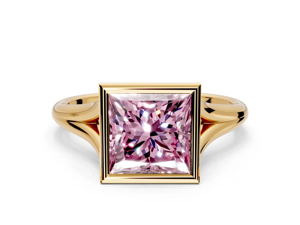 Solitaire Engagement Ring Setting for Fancy Pink Princess Cut Center with V Split Shank and Bezel Head in Yellow Gold