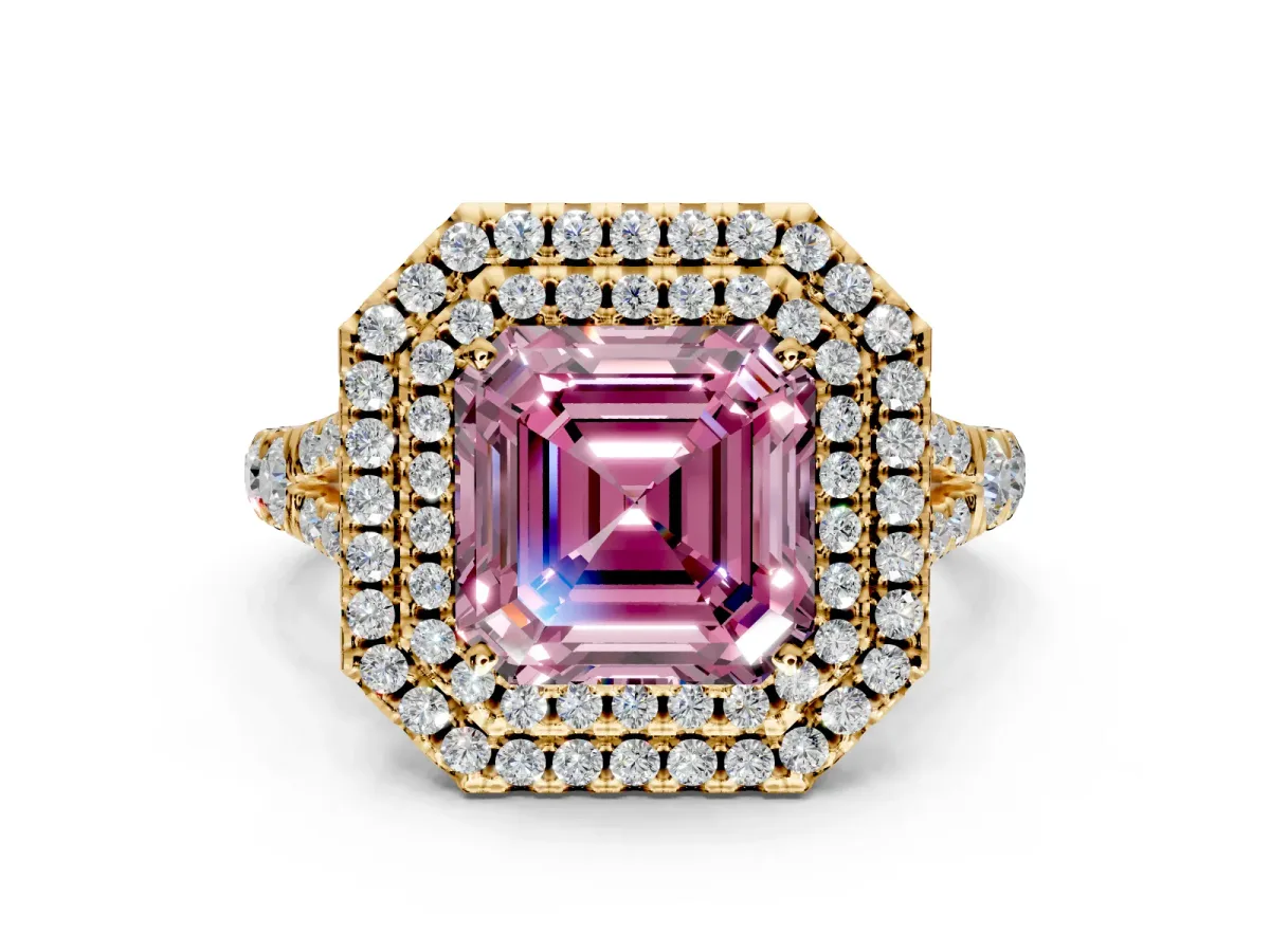 Double Halo Engagement Ring Setting for Fancy Pink Asscher Cut Center with Narrow Pave Split Shank and Prong Head in Yellow Gold