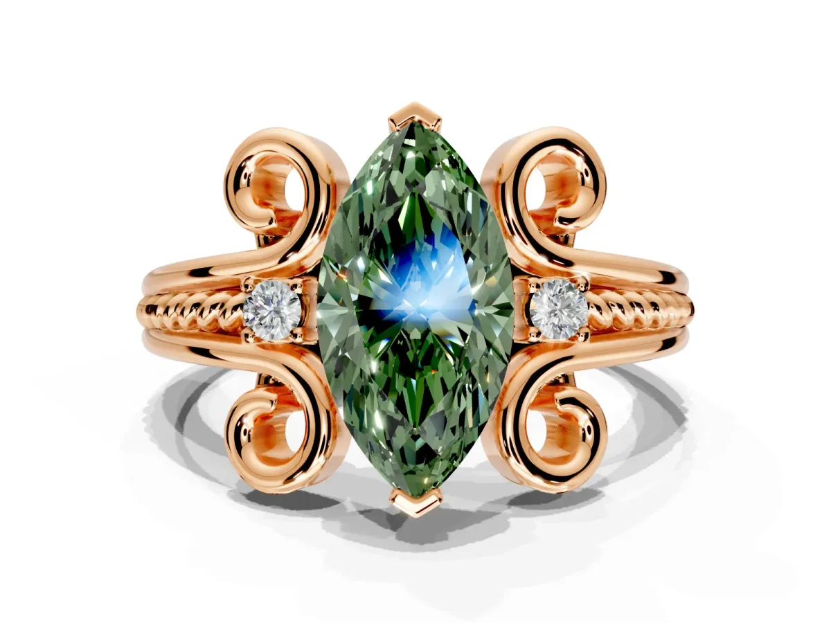 Solitaire Engagement Ring Setting for Fancy Green Marquise Center with Twisted Band and Scroll Prong Head in Rose Gold