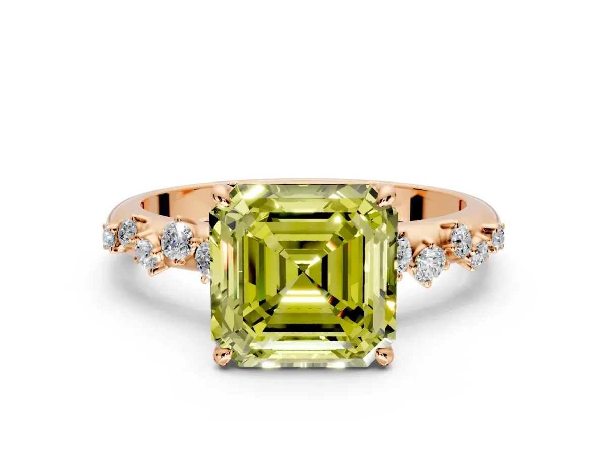 Cluster Engagement Ring Setting for Fancy Yellow Asscher Cut Center with Round Cut Accent Band and Prong Head in Rose Gold