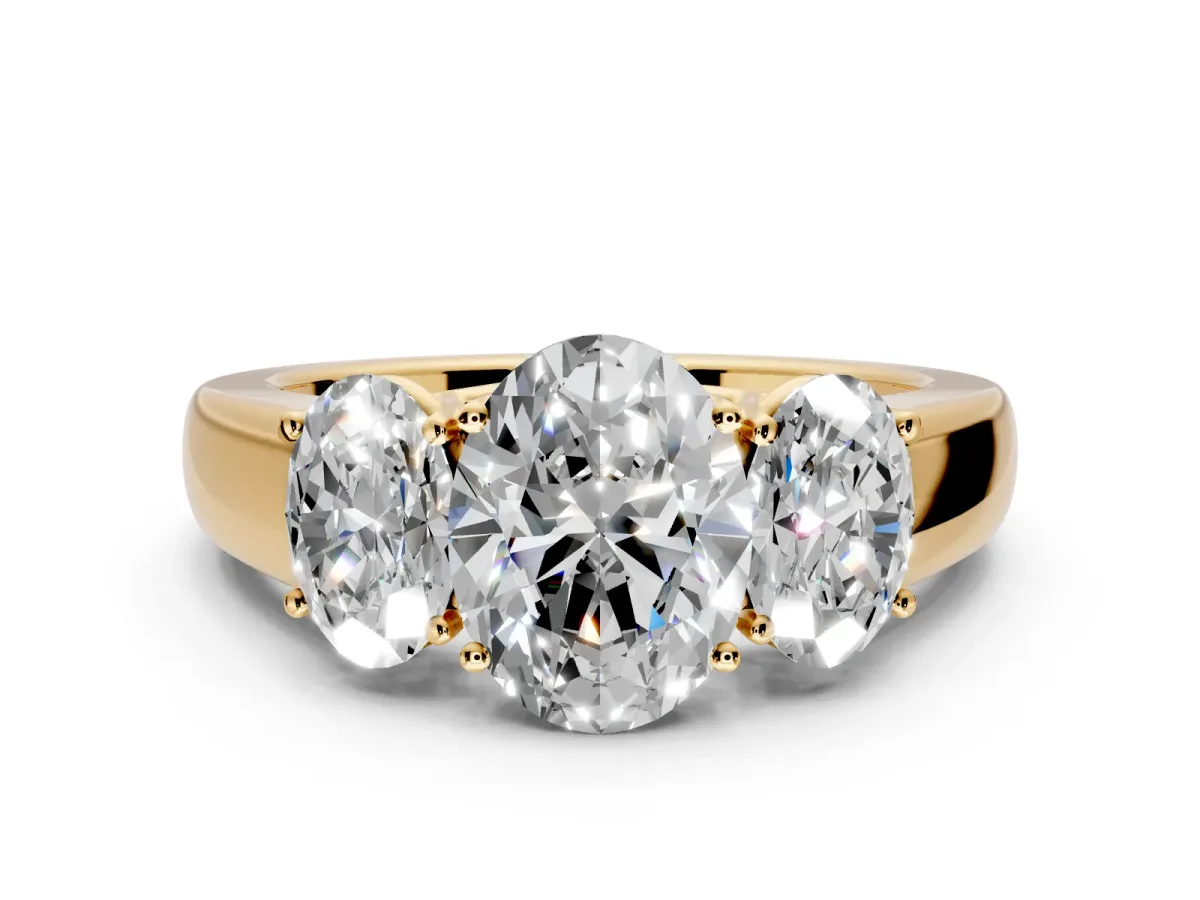 3 Stone Engagement Ring Setting for Oval Center with Raised Basket Heads and Prong Head in Yellow Gold