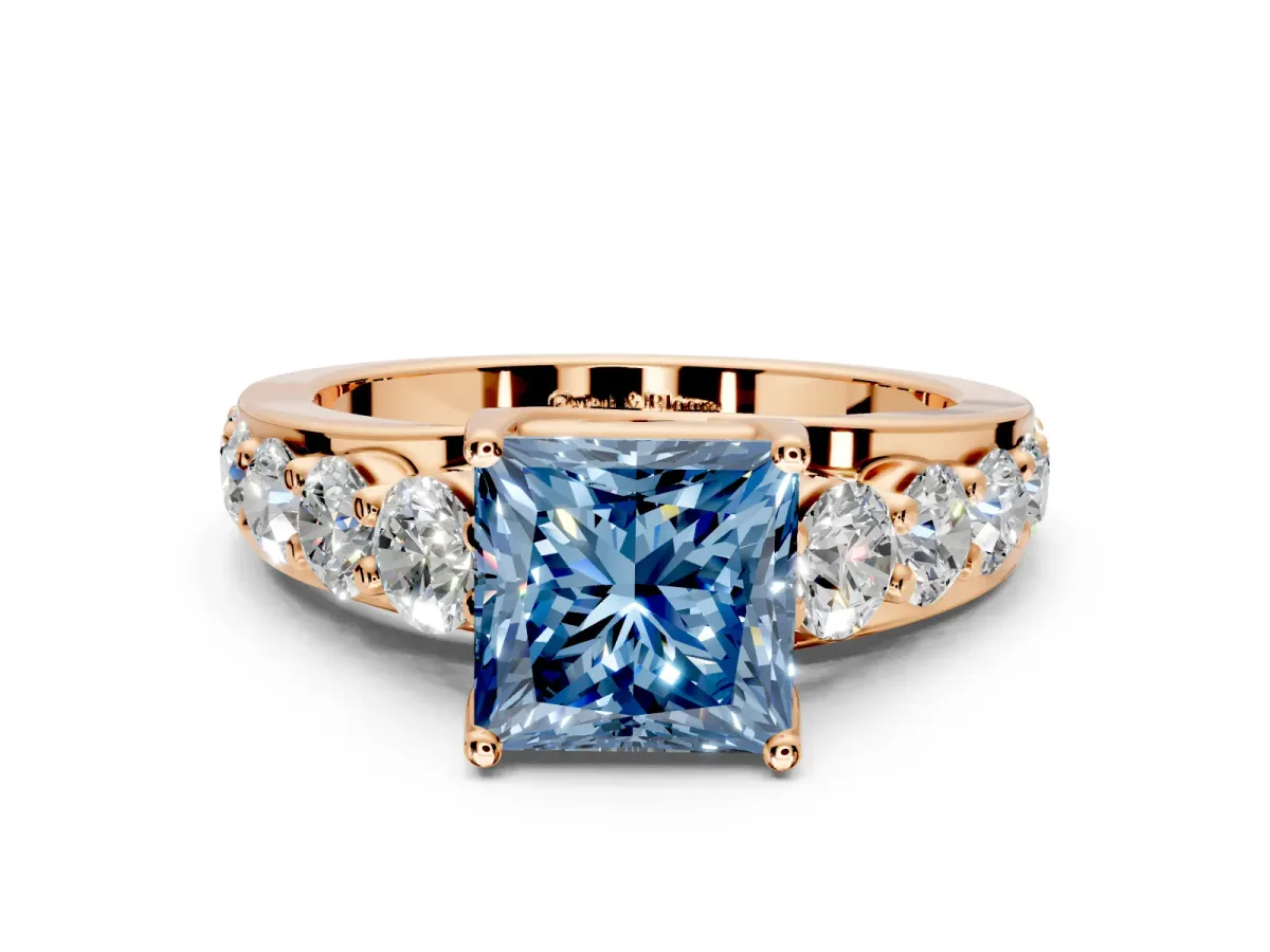 Solitaire Engagement Ring Setting for Fancy Blue Princess Cut Center with Graduated Shared Prongs and Prong Head in Rose Gold