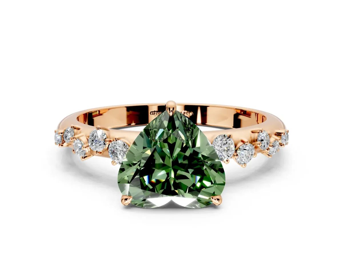 Cluster Engagement Ring Setting for Fancy Green Heart-Shaped Center with Round Cut Accent Band and Prong Head in Rose Gold