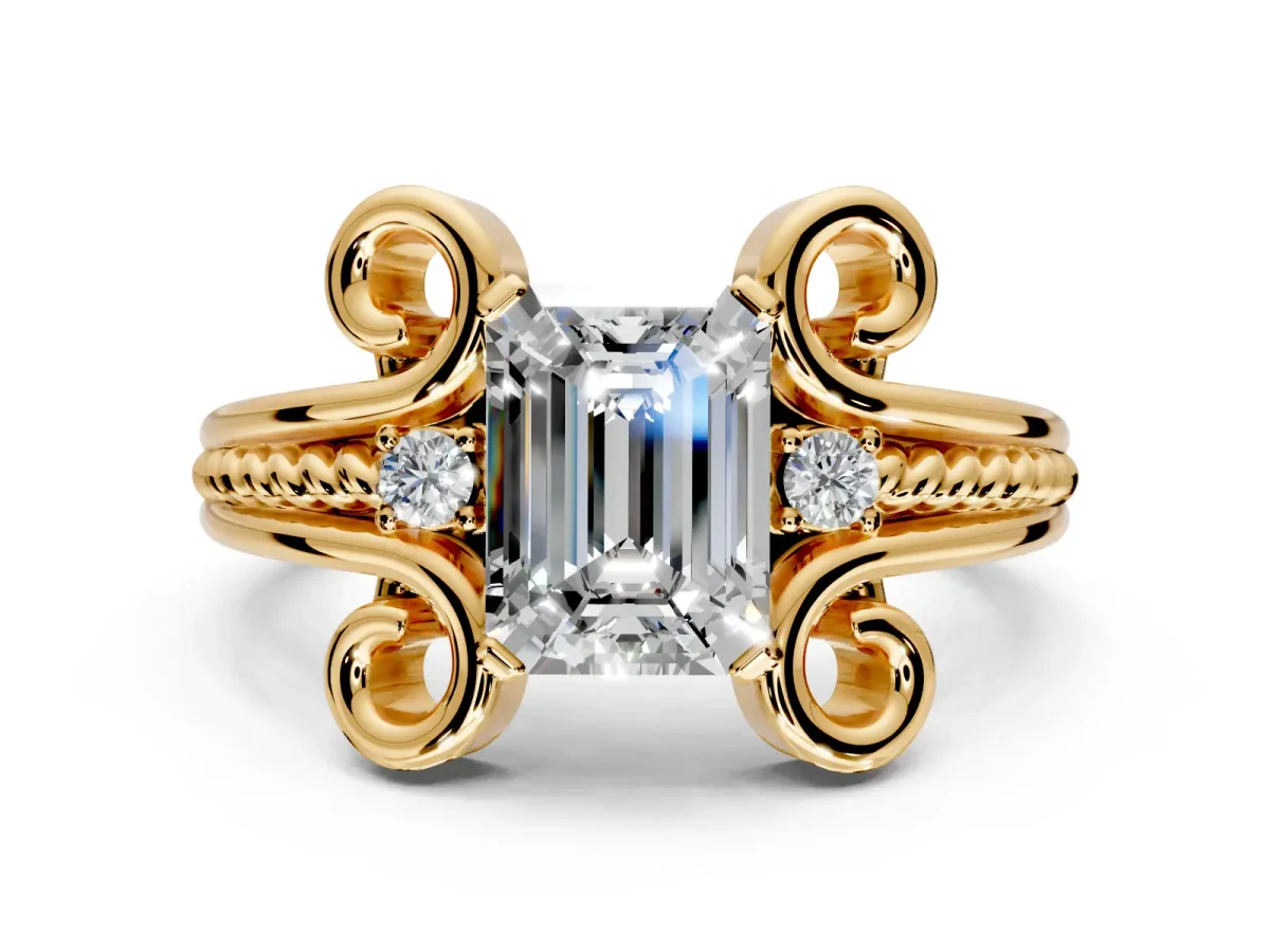 Solitaire Engagement Ring Setting for Emerald Cut Center with Twisted Band and Scroll Prong Head in Yellow Gold