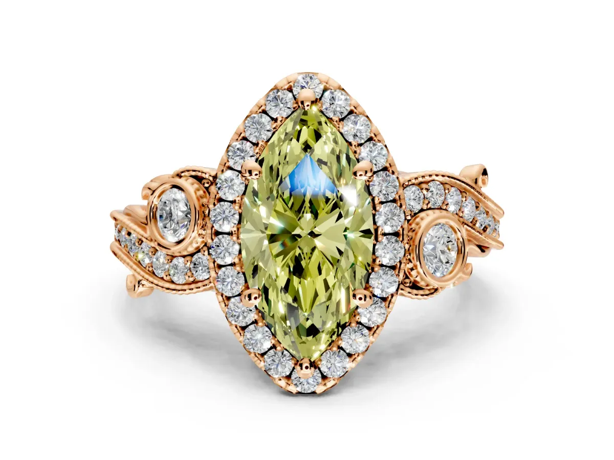 Milgrain Halo Engagement Ring Setting for Fancy Yellow Marquise Center with Shoulder Bezels and Prong Head in Rose Gold