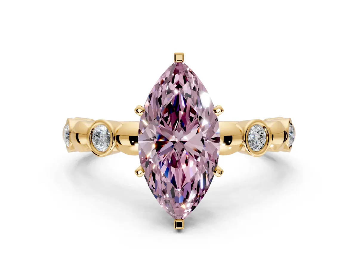 Solitaire Engagement Ring Setting for Fancy Pink Marquise Center with Beaded Bezel Station Band and Prong Head in Yellow Gold