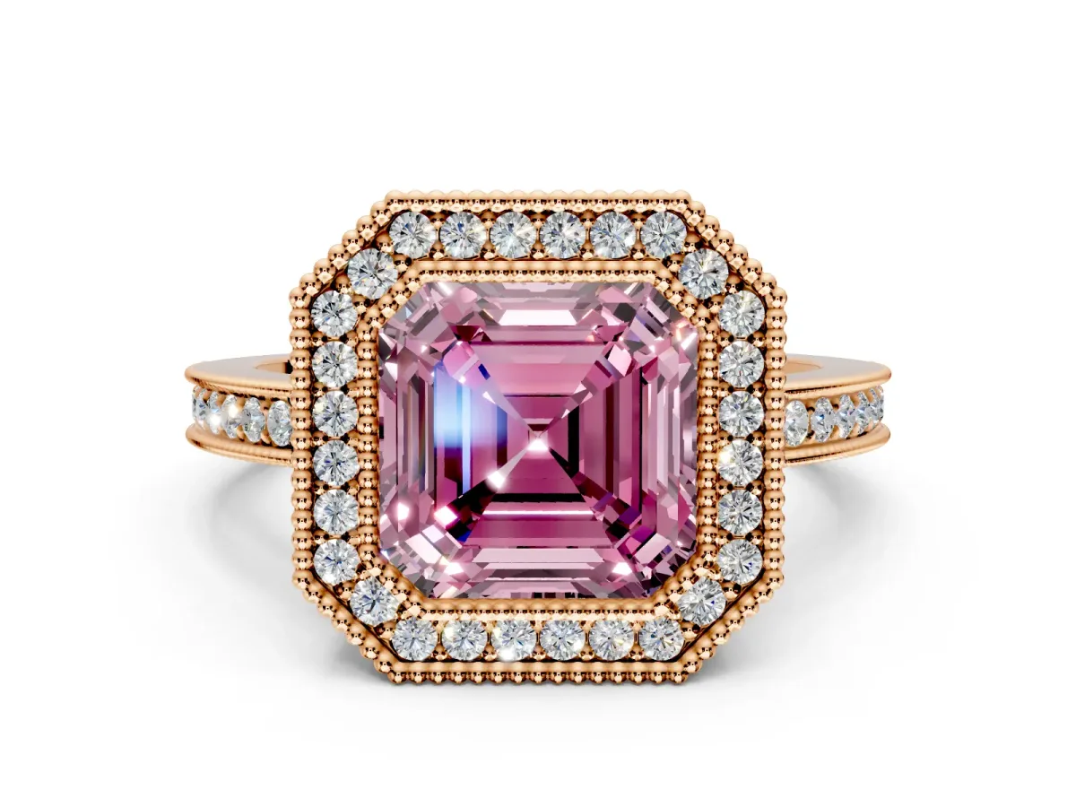 Halo Engagement Ring Setting for Fancy Pink Asscher Cut Center with Milgrain Halo, Pave Band and Prong Head in Rose Gold
