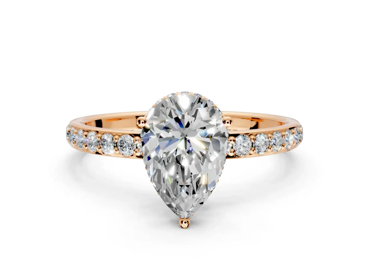 Hidden Halo Engagement Ring Setting for Pear-Shaped Center with Pave Band and Prong Head in Rose Gold
