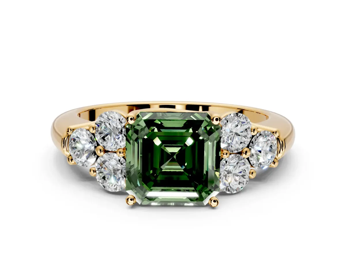 Cluster Engagement Ring Setting for Fancy Green Asscher Cut Center with Round Cut Accent Frame and Prong Head in Yellow Gold
