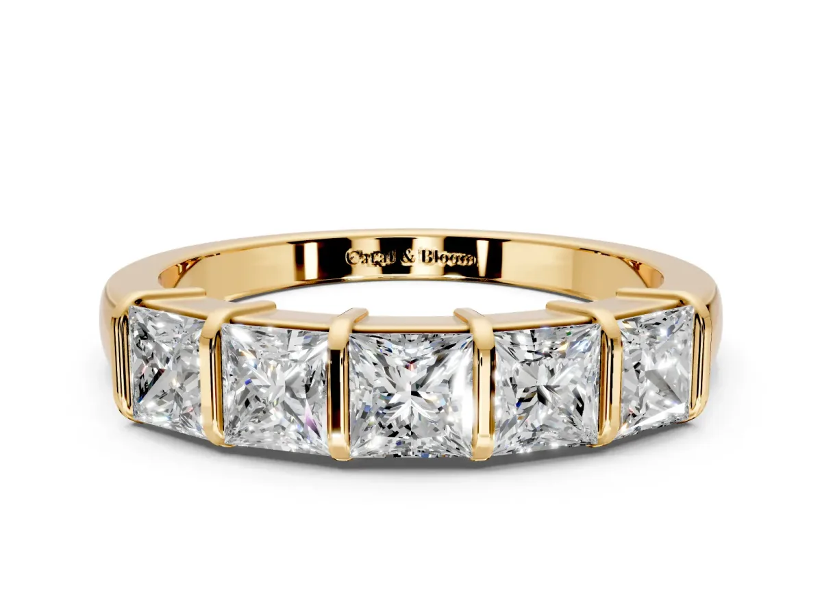 Princess Cut Lab-Grown Diamond 5 Stone Channel Wedding Band with Bar Prongs in Yellow Gold