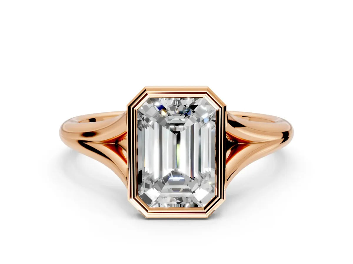 Solitaire Engagement Ring Setting for Emerald Cut Center with V Split Shank and Bezel Head in Rose Gold