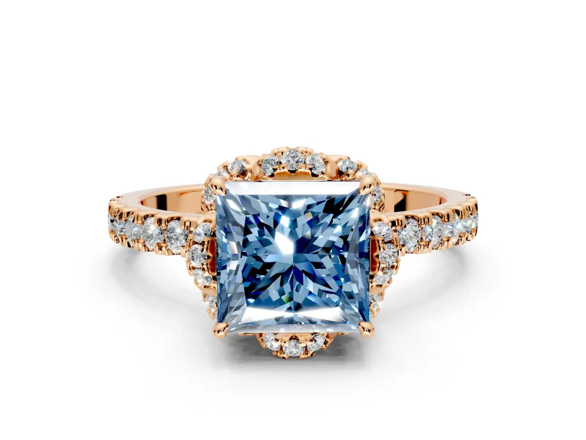 Halo Engagement Ring Setting for Fancy Blue Princess Cut Center with Openwork Halo, Pave Band and Prong Head in Rose Gold