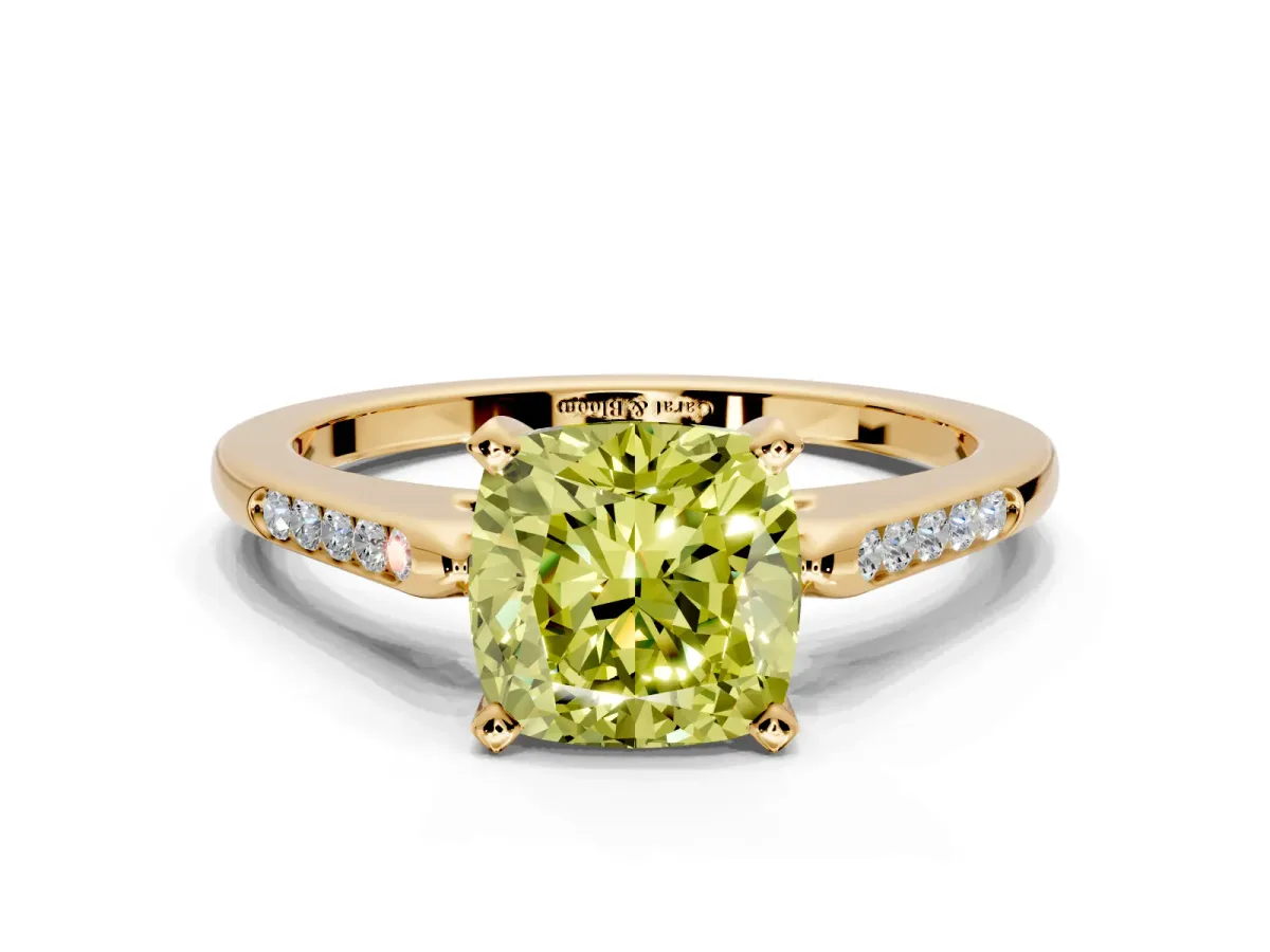 Solitaire Engagement Ring Setting for Fancy Yellow Cushion Cut Center with Channel Accents and Prong Head in Yellow Gold