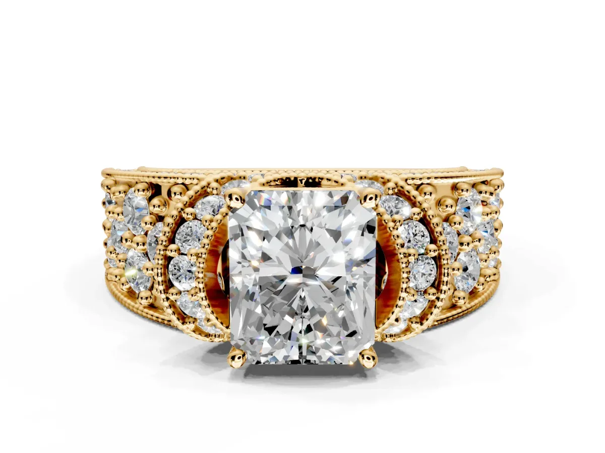 Pave Engagement Ring Setting for Radiant Cut Center with Curved Accent Rows, Openwork and Prong Head in Yellow Gold